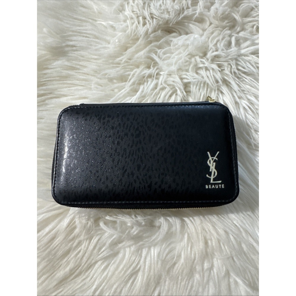 YSL Beauty Black Faux Leather Makeup Cosmetic Case Bag Box with Mirror